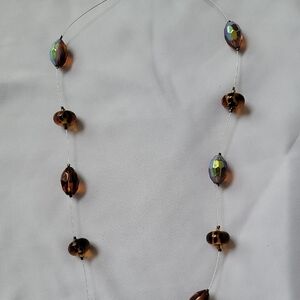 Elegant Beaded Station Necklace with Brown and Iridescent Beads